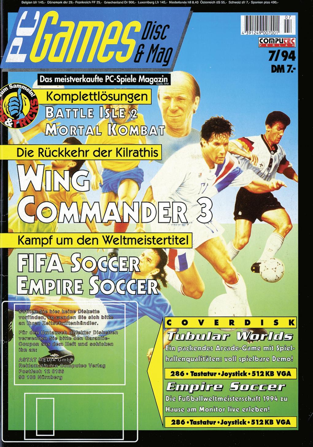 PC Games Ausgabe 07/94 - Titelthema: Fifa Soccer und Empire Soccer