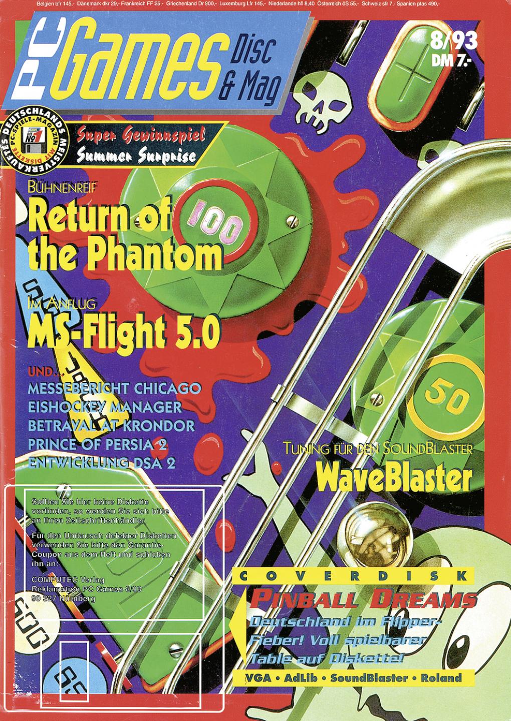PC Games Ausgabe 08/93 - Titelthema: Pinball Dreams