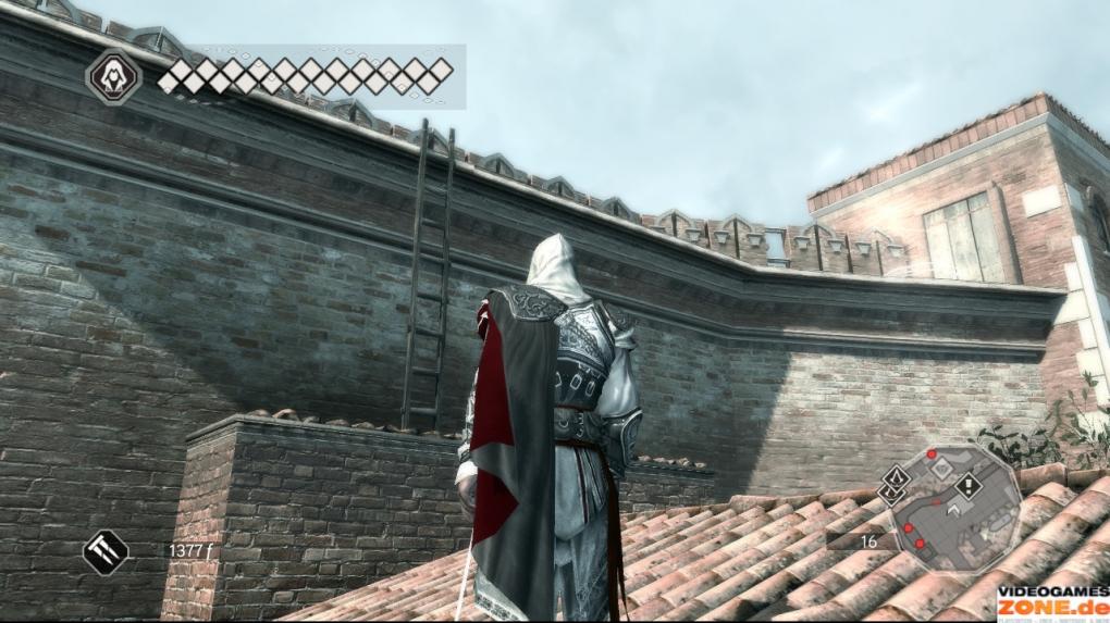 Redet mit Leonardo und folgt ihm. Danach kehrt ihr zum Arsenal zurück, klettert auf das Dach des Gebäudes am Eingang und von dort aus links auf die Mauer. Am Ausrufezeichen beginnt der nächste Auftrag.