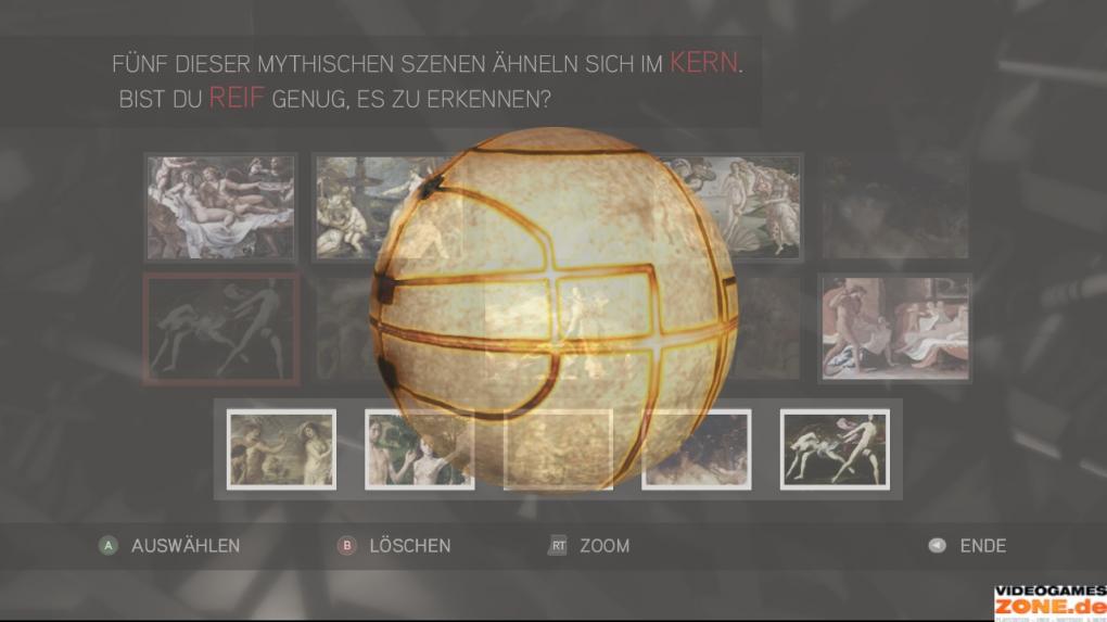 Nachdem ihr euch die erste Botschaft von Subjekt 16 angehört habt, wählt ihr von den zehn Bildern die oben zu sehenden fünf aus, auf denen ein Apfel zu sehen ist. (2)