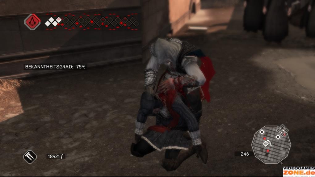 Bevor Ezio die Stadt verlassen kann, muss er seinen Bekanntheitsgrad senken. Zu diesem Zweck können Sie Fahndungsplakate herunterreißen, Ausrufer bestechen oder korrupte Beamte eliminieren, bis der Fahndungslevel bei null liegt.
