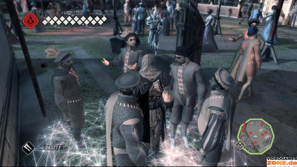 Weiter geht es auf dem Karnevalsfest, dessen Position auf der Karte vermerkt ist. Nach der Zwischensequenz beginnen Wachen damit, die Menge nach Ezio zu durchsuchen. Um unentdeckt zu bleiben, taucht ihr zwischen den Partygästen unter.