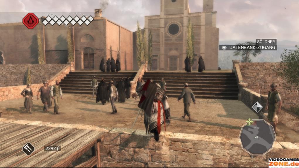 Vor dem Kloster im Südosten treffen Sie auf einen von Marios Söldnern, der Ihnen Rauchbomben aushändigt. Stefano da Bagnone, Ihr erstes Ziel, befindet sich in dem flachen Gebäude links neben der Kirche.