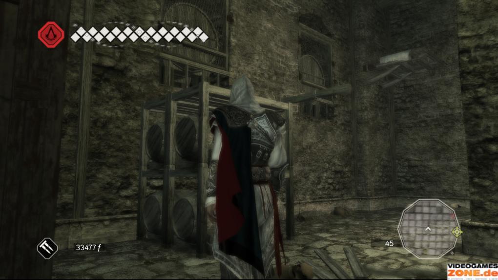 Ihr findet den Eingang zum Grab in einer Seitengasse östlich der Kirche. Springt im Gewölbe ins Wasser, klettert auf der linken Seite die Steine hinauf zum Tor und legt den Schalter um. Im Weinkeller tötet ihr die Wachen und erklimmt an der abgebildeten Stelle die Weinfässer.