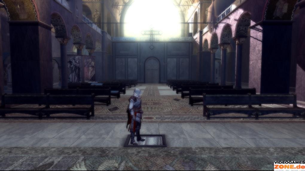 Nach der Zwischensequenz klettert ihr links zwischen den Bänken auf das Heiligenbild und springt über die Dächer der Alkoven nach Westen, bis ihr die einzeichnete Reihe von Balken erreicht. Folgt dem Weg, bis sich Ezio auf der anderen Seite links an den Ringen hochziehen kann.