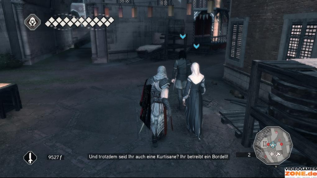 Um in die Nähe des nächsten Mannes auf der Todesliste, Marco Barbarigo, zu gelangen, benötigt Ezio
eine goldene Maske als Eintrittskarte für eine Feier. Teodora hat eine Idee, wie wir in den Besitz einer solchen kommen. Also eskortieren wir sie und Federico auf deren Spaziergang.