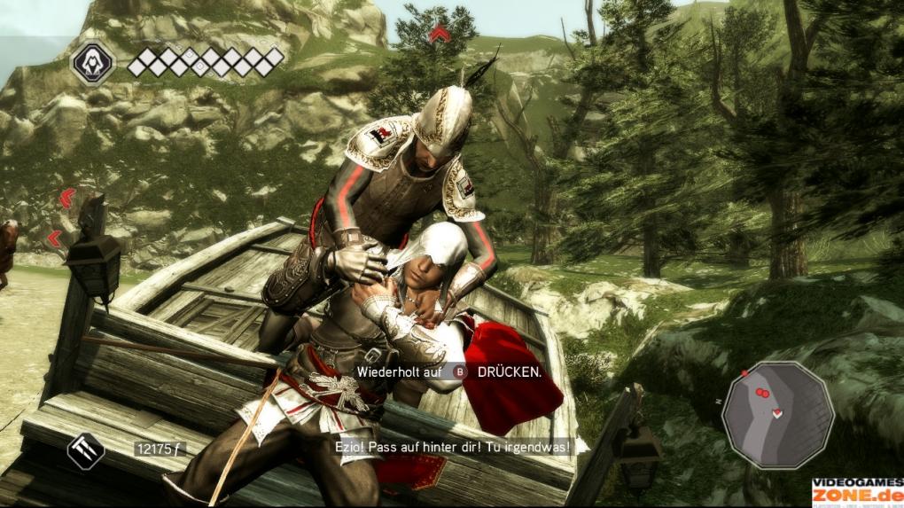 Sollte sich eine der Wachen nicht abschütteln lassen und bis zum Kutschbockvordringen, haltet ihr den Widersacher durch mehrmaliges Drücken der angezeigten Taste davon ab, Ezio zu erwürgen.