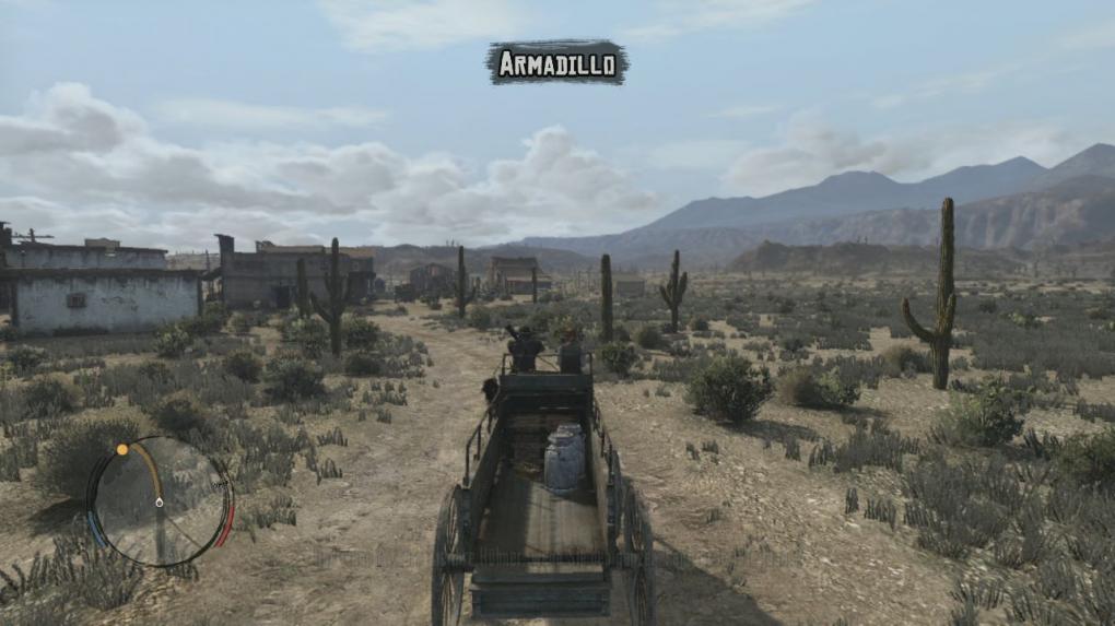 Habt ihr das Pferderennen gemeistert, klettert ihr zu Bonnie auf die Kutsche und macht euch auf den Weg in das Städtchen Armadillo. Dort erledigt ihr ein paar Einkäufe und lernt auf dem Weg nach Armadillo ganz nebenbei die Steuerung der Pferdekutsche.