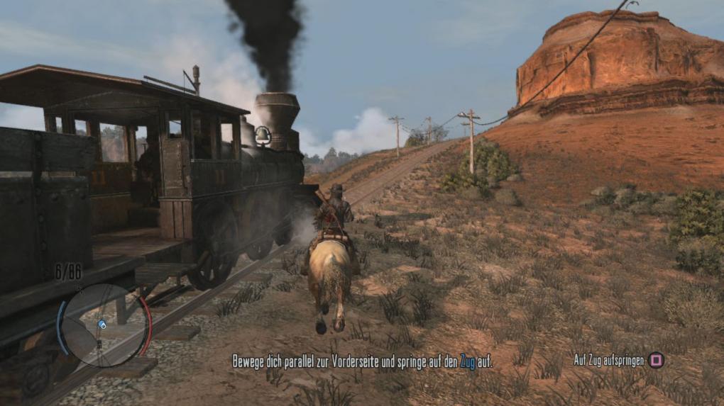 <i>Sobald ihr die Zug-Entführer beseitigt habt, reitet ihr an das vordere Ende der Eisenbahn. Bewegt euch parallel zur Vorderseite und springt im richtigen Moment durch einen Tastendruck auf den Zug auf. Anschließend stoppt ihr das Gefährt durch das Ziehen der Bremse, bevor ihr die Brücke erreicht.</i>