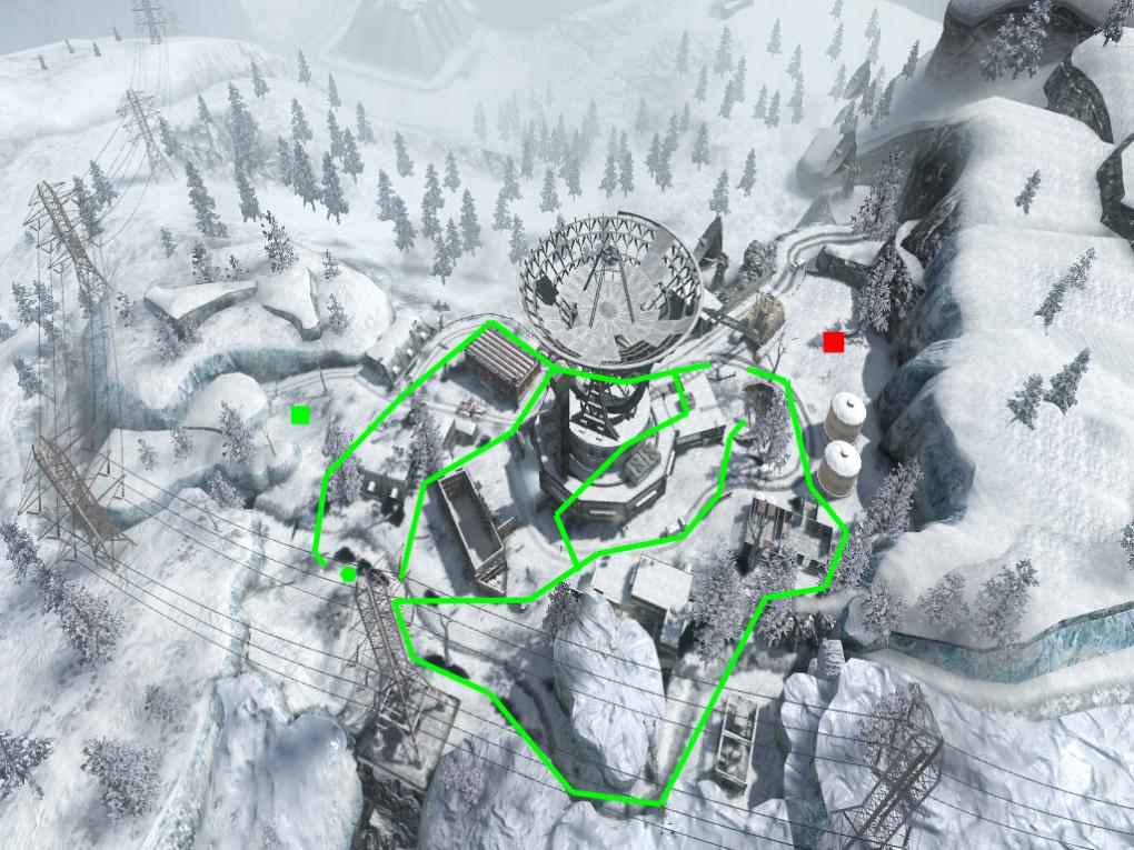 Capture the Flag - Das grüne Quadrat ist der Startpunkt der Black Ops, während die Speznas beim roten Quadrat beginnen. Die Sechsecke stellen die jeweilige Flagge da.