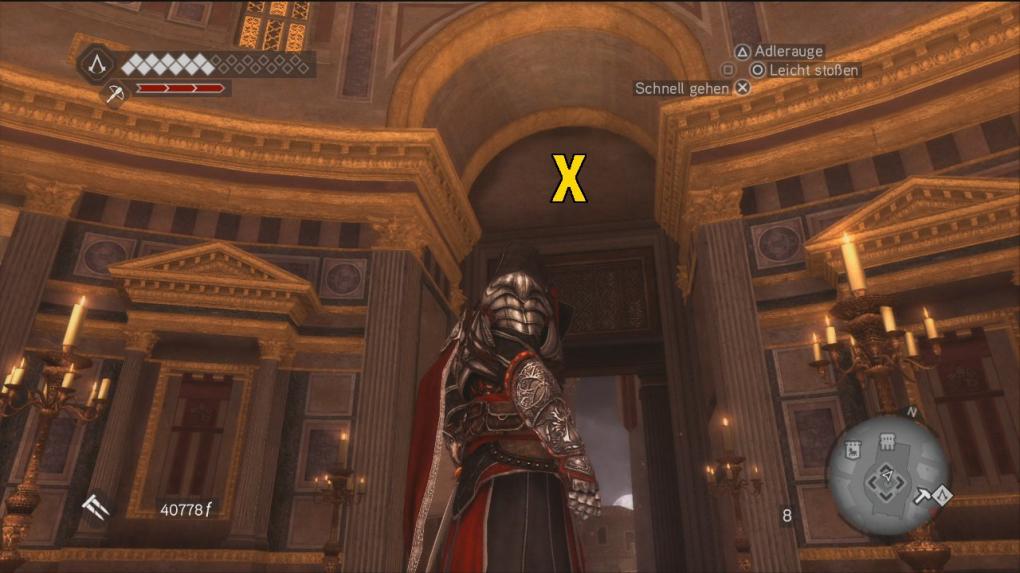 Assassin's Creed: Brotherhood Komplettlösung: Glyphen-Rätsel Nr. 10: Die letzte Glyphe ist im Bogen der Haupthalle im Pantheon verborgen. Steigt an den herausstehenden Altären mit Spitzdach hinauf und hangelt euch zum Ziel. (2)