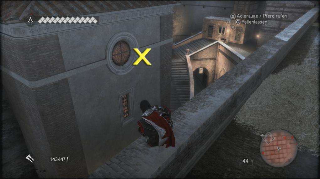 Assassin's Creed: Brotherhood Komplettlösung: Glyphen-Rätsel Nr. 3: Glyphe Nr. 3 ist an der abgebildeten Mauer des Papst-Schlosses. Schleicht euch über die Brücke an den Wachen vorbei und klettert die Burgmauer hoch. Von hier aus springt an den Vorsprung neben dem Rundfenster und ihr seid da. (2)