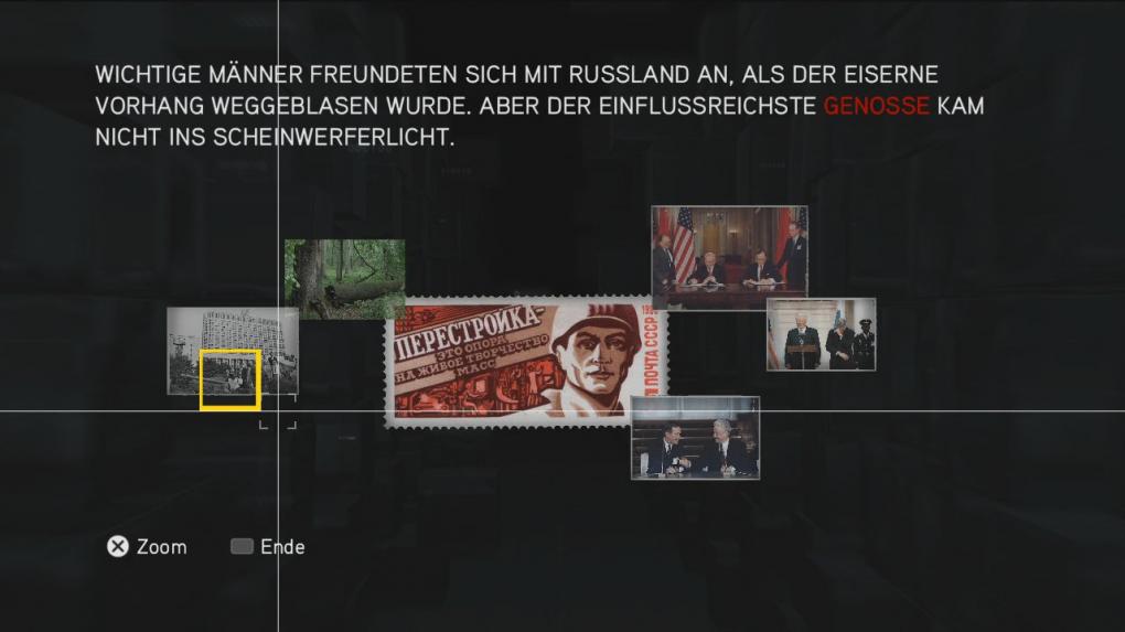 Assassin's Creed: Brotherhood Komplettlösung: Glyphen-Rätsel Nr. 6: Auf dem Foto ganz links demaskiert der Rotfilter ein Templerabzeichen am Rücken des Kameramannes. (1)
