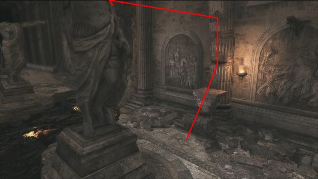 Klettert auf die Säule rechts nach oben und springt dann von der Wand nach hinten zur Statue. An dieser zieht ihr euch hoch, um anschließend zur gegenüberliegenden Wand zu springen. An dieser hangelt ihr euch weiter entlang, springt zur nächsten Statue und erneut zur nächsten Wand. Noch ein paar Sprünge und ihr habt das Hindernis überwunden.