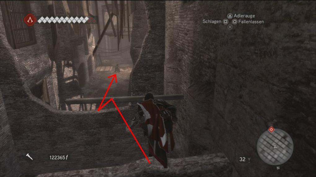 Springt über den Balken zur Mauer und schließlich auf den Boden.