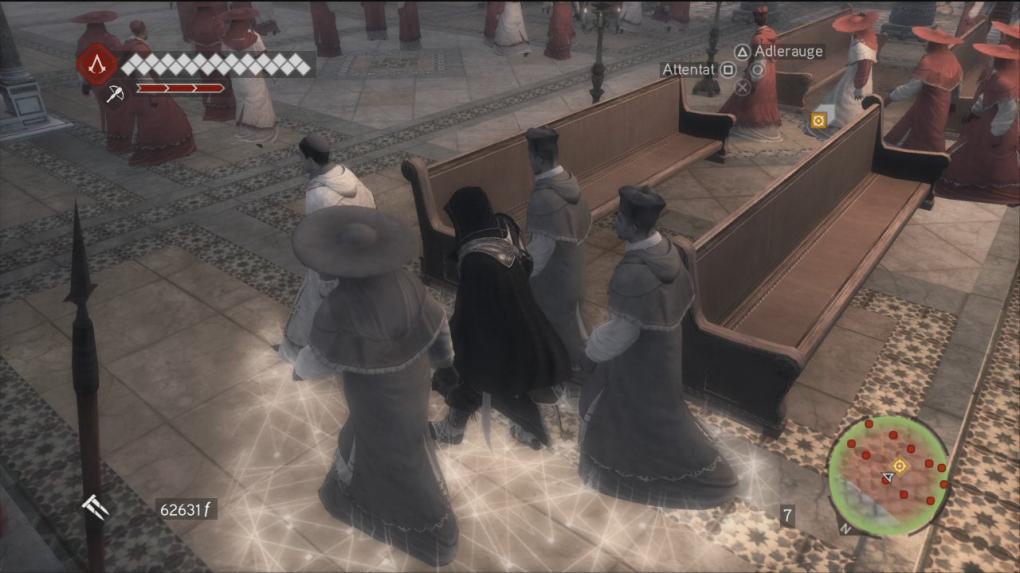 Im letzten Grab schleicht ihr euch in eine Messe. Versteckt euch in einer Gruppe, um nicht entdeckt zu werden. Euer Ziel ist der rechts im Bild anhand des gelben Symbols zu erkennende Kardinal.