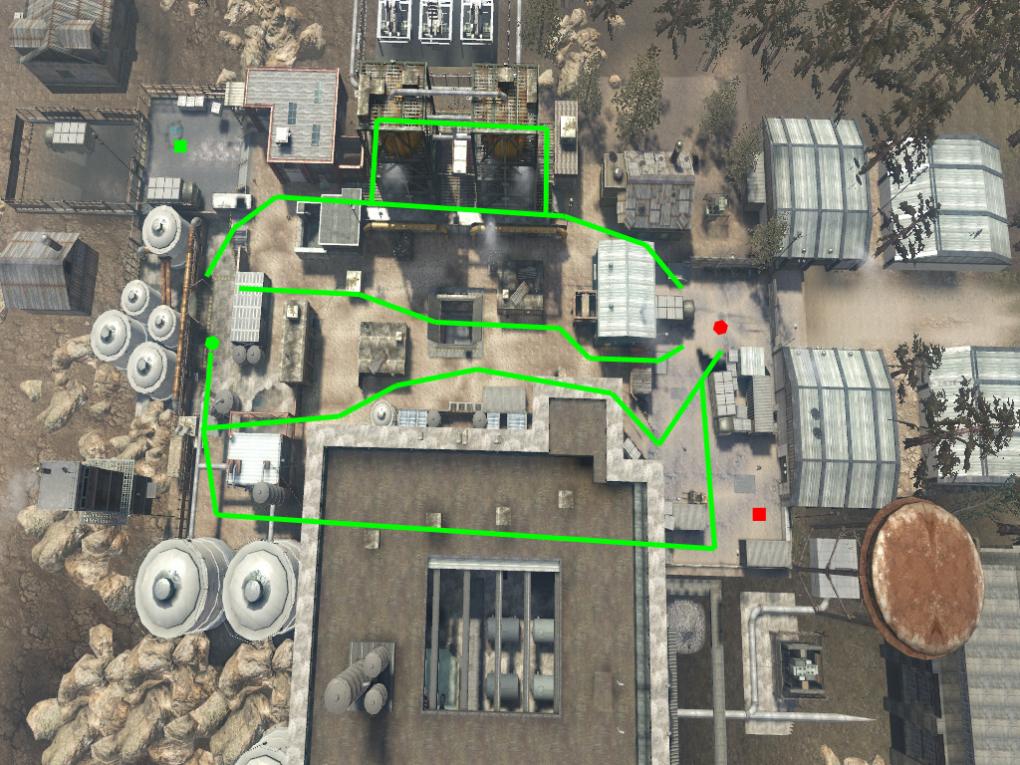 Capture the Flag - Das grüne Quadrat ist der Startpunkt der Black Ops, während die Speznas beim roten Quadrat beginnen. Die Sechsecke stellen die jeweilige Flagge da.