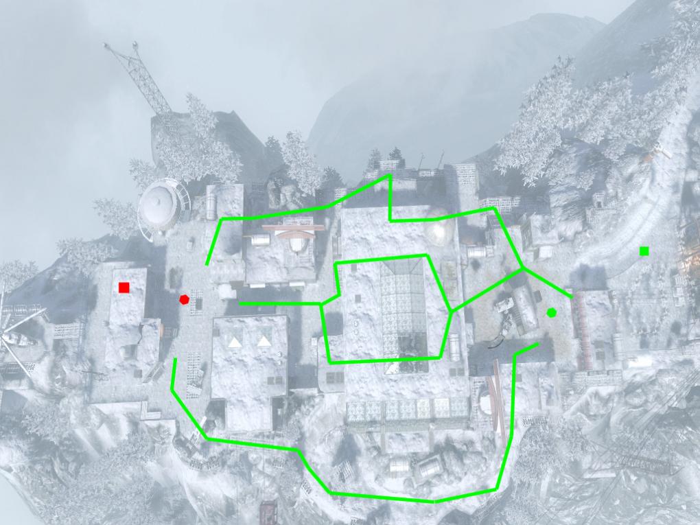 Capture the Flag - Das grüne Quadrat ist der Startpunkt der Black Ops, während die Speznas beim roten Quadrat beginnen. Die Sechsecke stellen die jeweilige Flagge da.