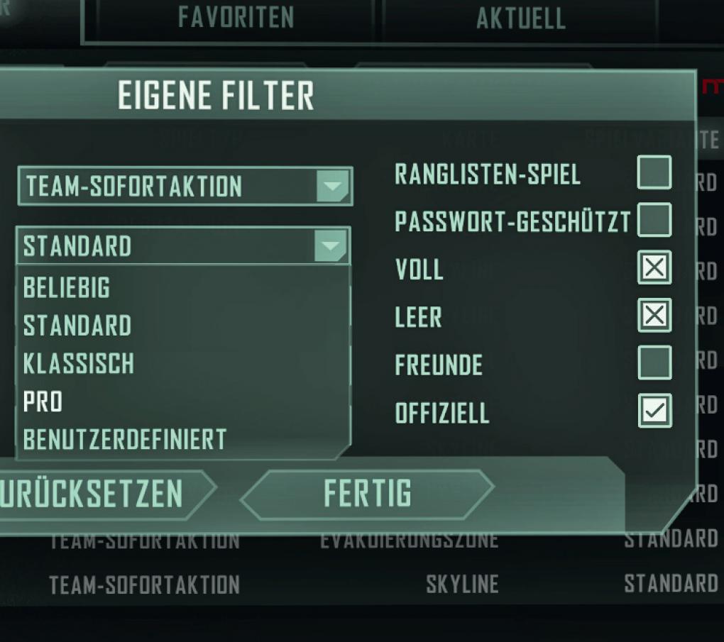 Benutzt ihr die Filtereinstellungen, um Ihre Wunschpartie zu finden. Die Option 'Ranglisten-Spiel' zeigt Ihnen beispielsweise nur Server an, auf denen sich auch euer Charakter verbessert. Der Modifikator 'Pro' listet Hardcore- Matches ohne Karte und mit begrenzter Nanosuit- Energie auf.
