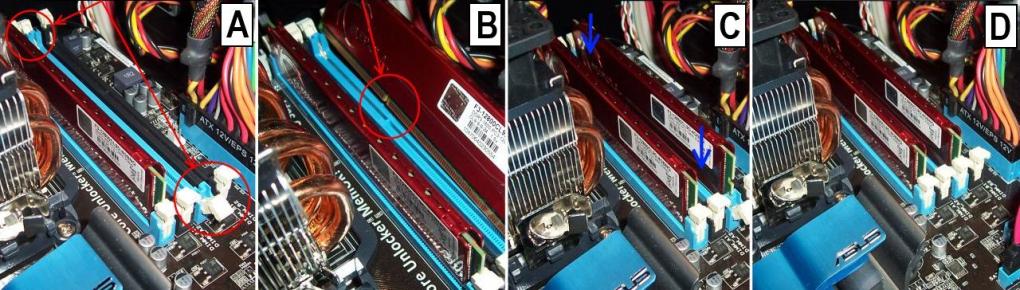 A: Hebel öffnen. B: Kerbe beachten. C: RAM in Slot drücken. D: Hebel sind eingerastet