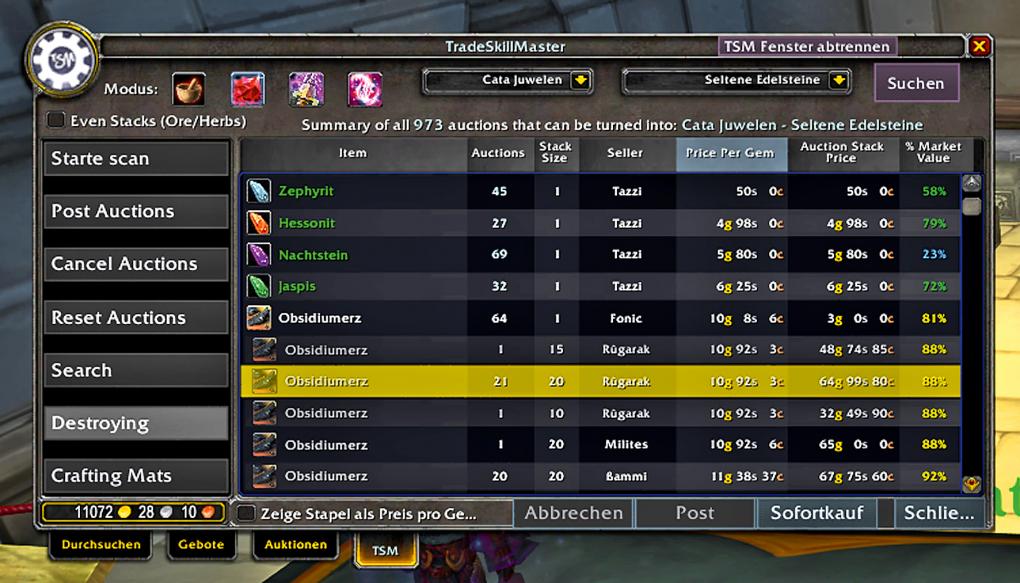 Das Auktionshaus-Interface von TradeSkillMaster bietet zwar viele Funktionen, bleibt aber fast genauso übersichtlich wie das normale Auktionshaus-Menü von WoW.