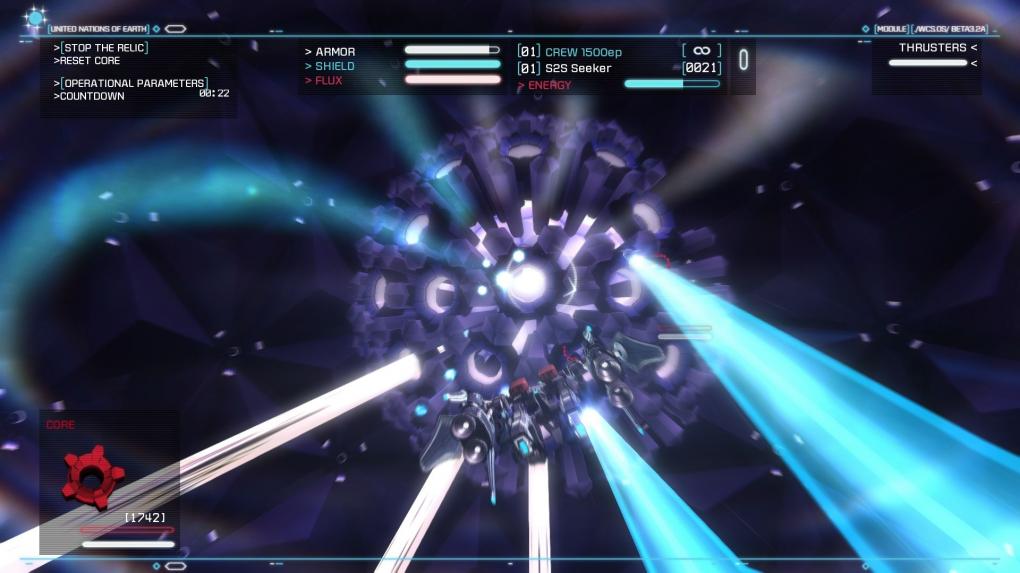 Was diese Kugel in der Bildmitte ist, fragt ihr? Wird nicht verraten wegen Spoilergefahr. Was diese blaue Schleife am linken Rand ist? Wird verraten: der aufdringliche Lens-Flare-Effekt in Strike Suit Zero.
