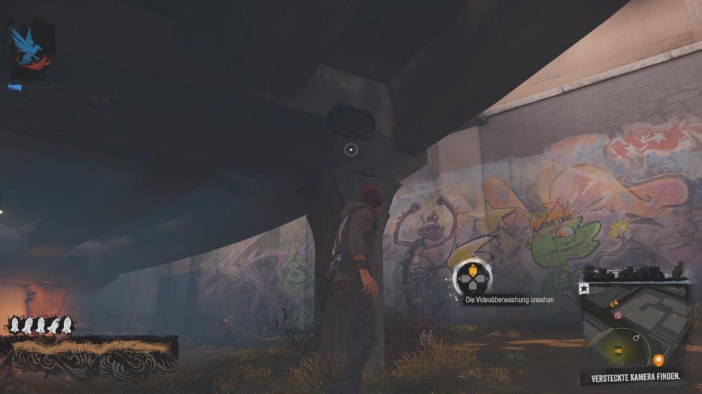 Pioneer Square - Versteckte Kamera: unter der Brücke, auf der linken Seite des Graffiti 'Kakerlake mit Maschinengewehr'.