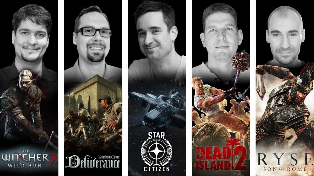 Unsere Experten von links nach rechts: Balazs Torok (CD Projekt), Jiří Rýdl (Warhorse), Alistair Brown (Foundry 42/RSI), Philipp Schellbach (Yager) und Nicolas Schulz (Crytek).