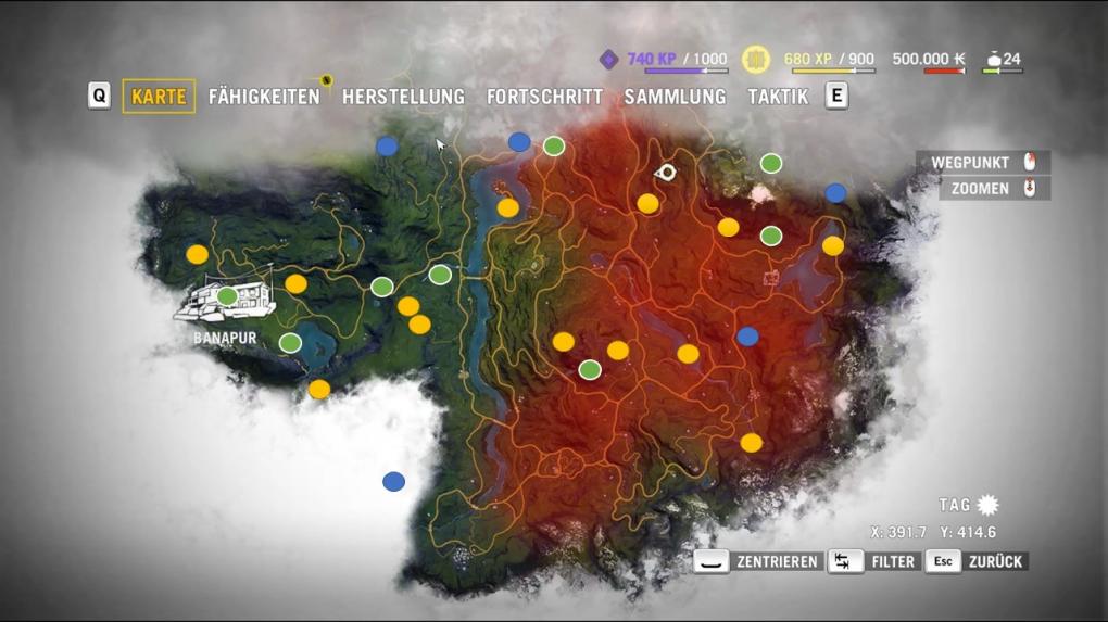 Far Cry 4 Sammelobjekte - Tagebücher (grün), Manimühlen (gelb) und verlorene Briefe (blau)
