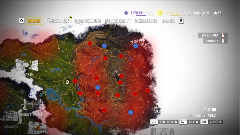 Far Cry 4 Sammelobjekte - Nordosten: Yalung-Masken (rot) und verlorene Briefe (blau)