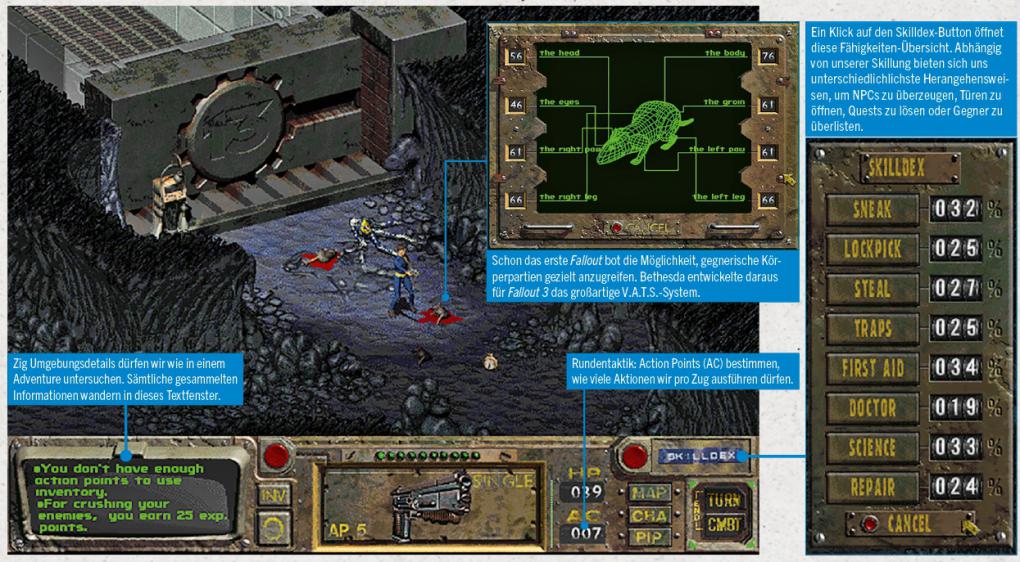 Für größere Ansicht Bild anklicken! Einige der spielerischen Besonderheiten von Fallout im Detail.