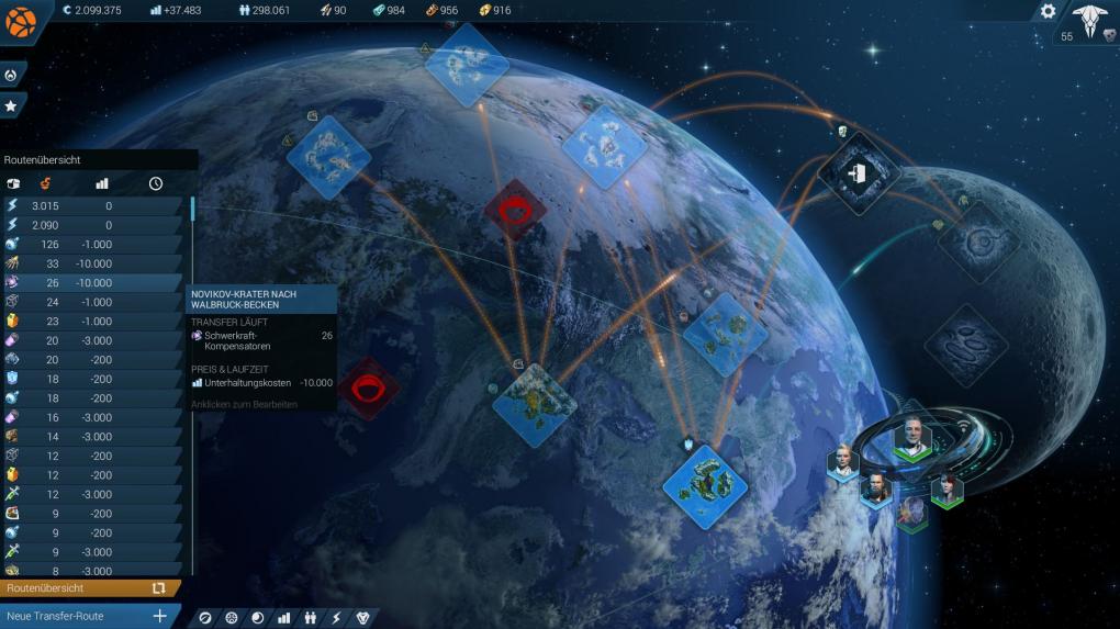 Anno 2205: Die Transferrouten von und zum Mond schlagen mit besonders hohen Kosten zu Buche.