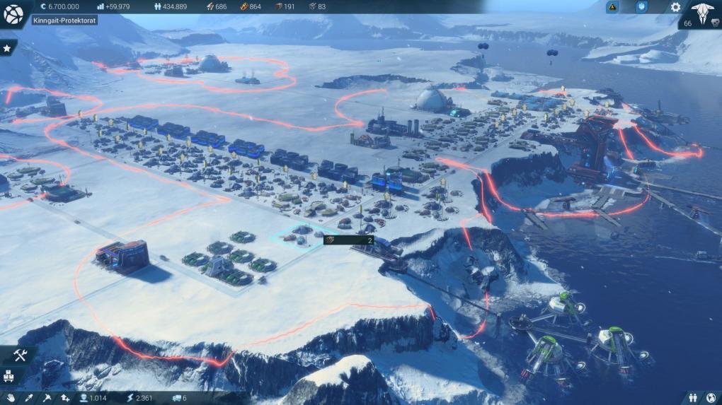 Anno 2205: Die rote Umrisslinien zeigen euch, wo die Wärmeversorgung für Wohngebäude in der Arktis sichergestellt ist.