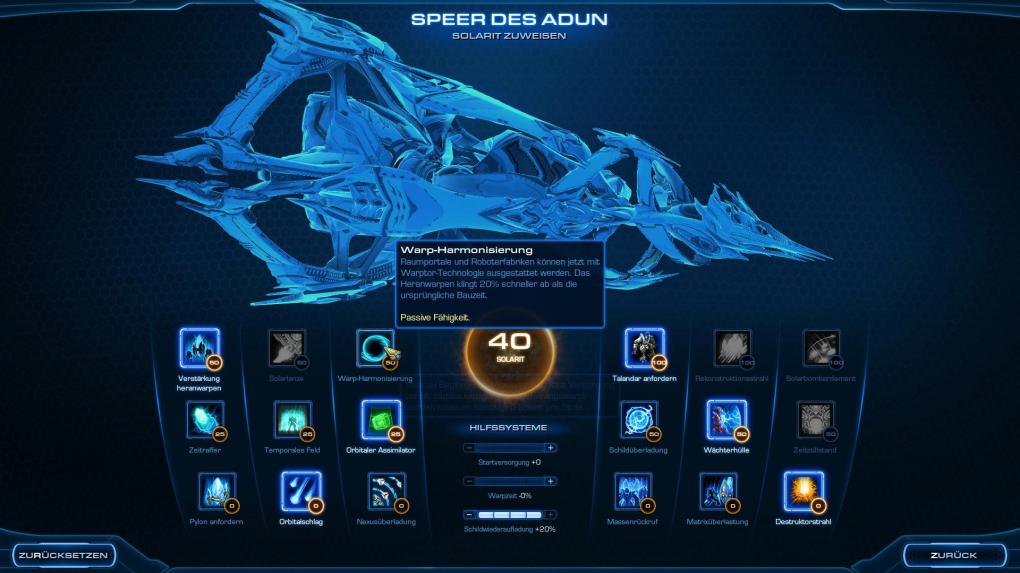 Waffensysteme online: Das Flaggschiff der Protoss lässt sich verbessern. Mit dem Rohstoff Solarit schalten wir nach und nach aktive und passive Fähigkeiten frei.