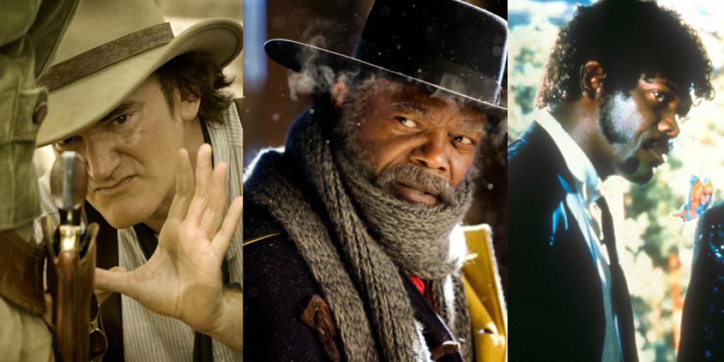 Links: Quentin Tarantino bei den Dreharbeiten zu 'Django Unchained' (2012 ) / Mitte: 'The Hateful Eight' (2015) / Rechts: 'Pulp Fiction' (1994)