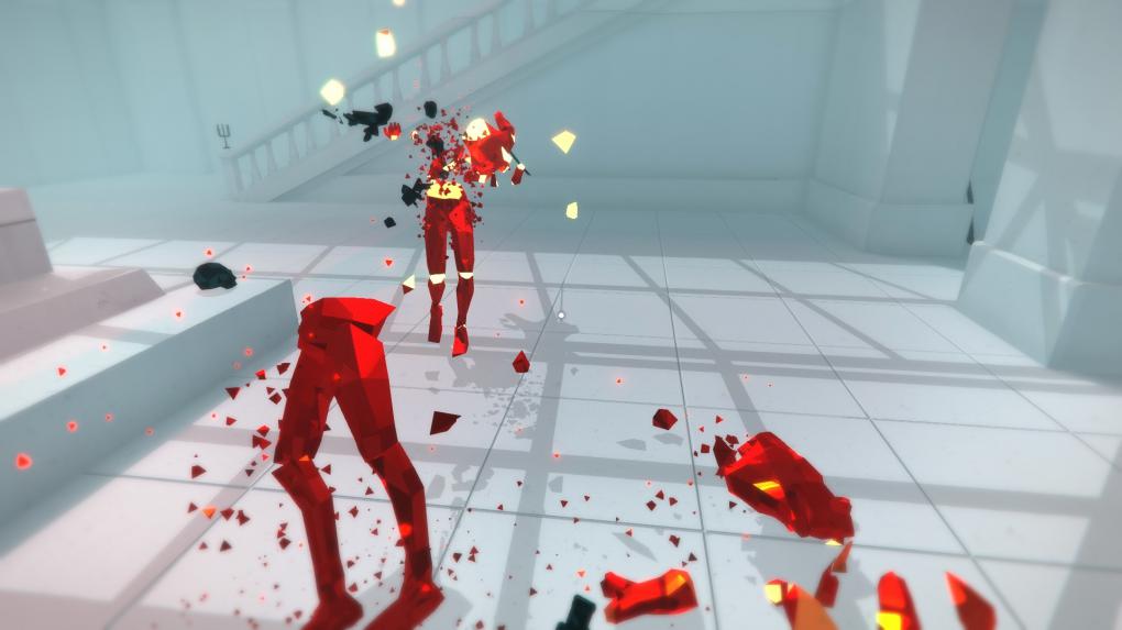 Fantastische Idee und makellose Umsetzung: Die rot dargestellten Gegner zersplittern in Superhot bei Treffern in tausende Einzelteile.