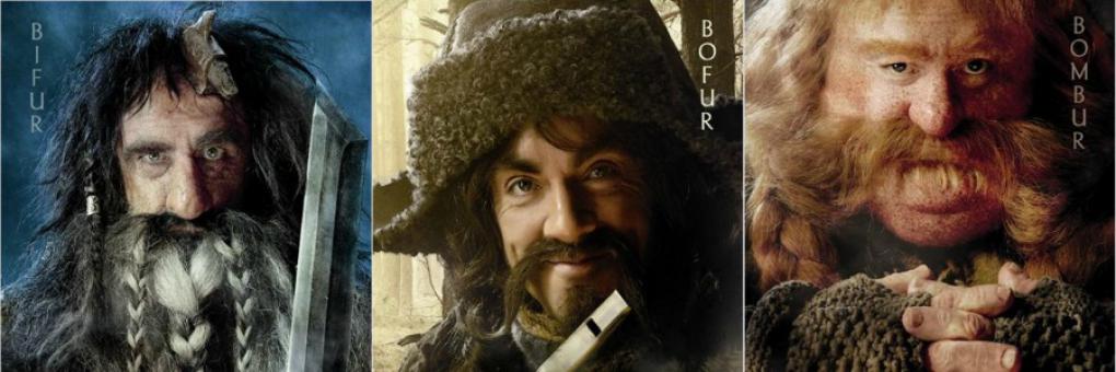 Bifur (William Kirchner), Bofur (James Nesbit) und Bombur (Stephen Hunter).