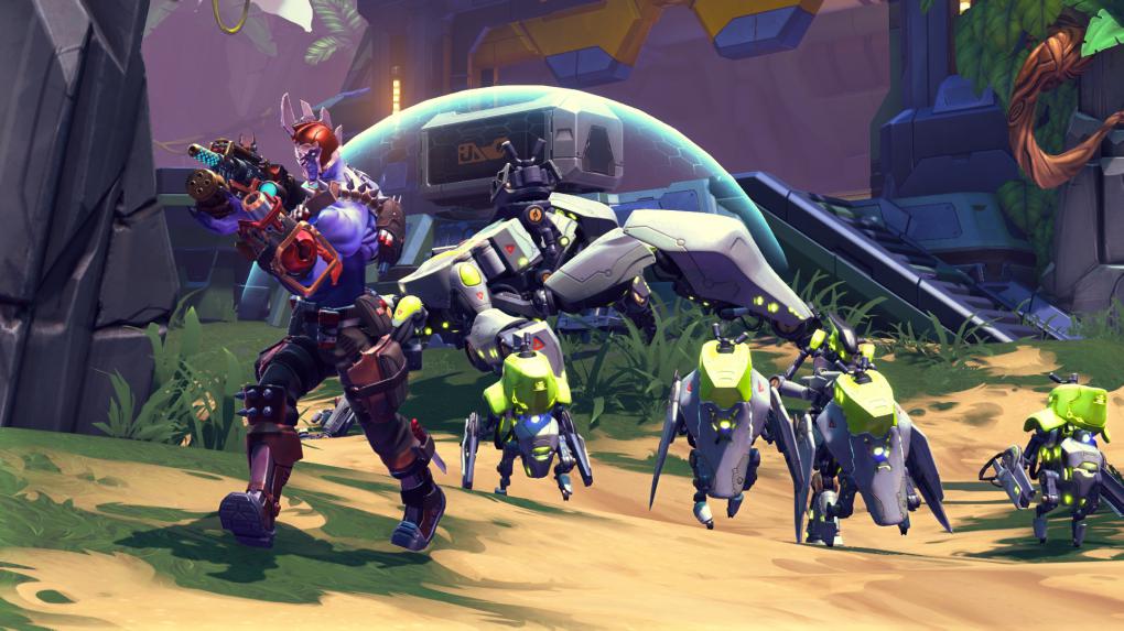 Die Sentry-Bots (mit der Kuppel im Hintergrund) lassen sich kaum von einem einzelnen Spieler ausschalten.