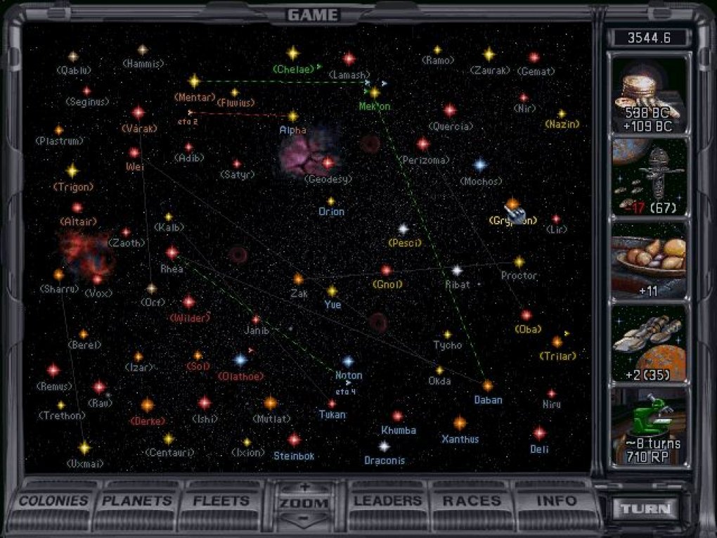 Auf einer Übersichtskarte ist die Galaxie von Master of Orion 2 abgebildet.