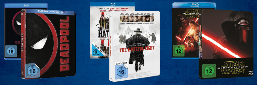 Steelbook-Cases zu "Deadpool", "The Hateful Eight" und "Star Wars: Das Erwachen der Macht"