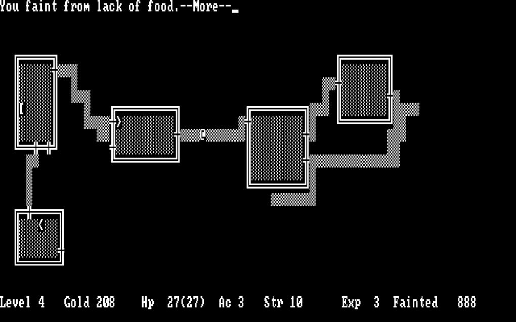 Feststehende ASCII-Welten: Anders als sein großes Vorbild und Namensgeber des gesamten Subgenres Rogue, beherrscht das 1982 von High-SchoolStudenten entwickelte Hack (links, DOS Version) feststehende Leveldesigns. Das Gleiche gilt für den Nachfolger NetHack von 1987.