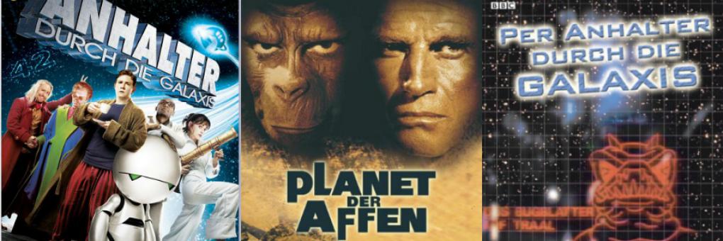 "Per Anhalter durch die Galaxis" (links: Kinofilm (2005); rechts: BBC-Version (1981)) und "Planet der Affen" wurden beide schon mehrmals verfilmt.