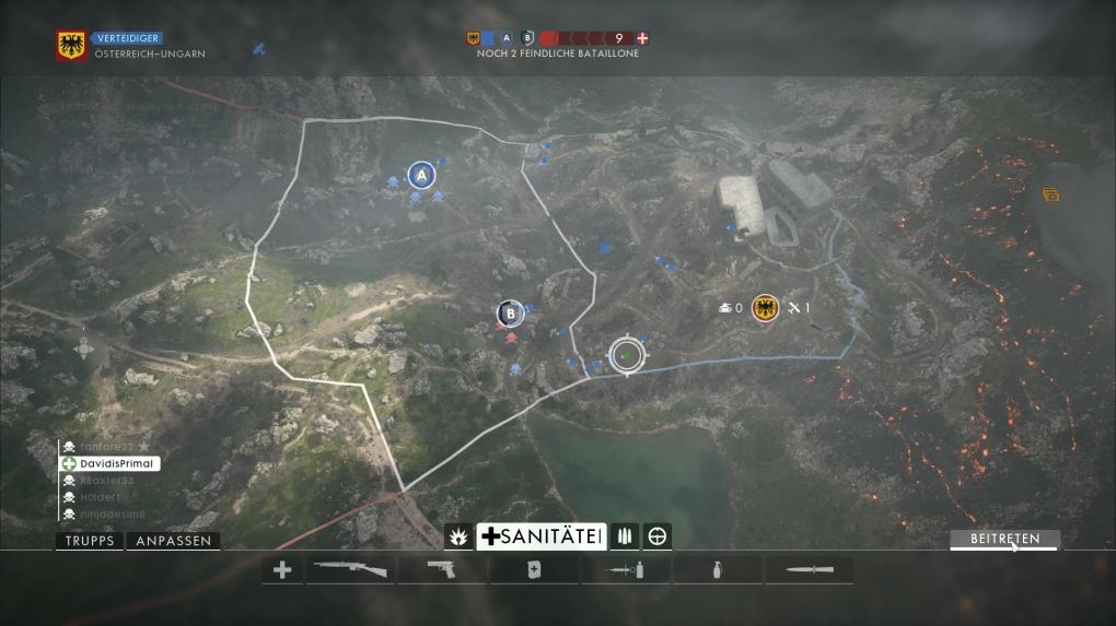 Battlefield 1: Flagge A wird gerade vom Gegner überrannt - wir steigen lieber unten beim Squaddie ein und stürmen B, bevor wir dann mit dem Team auf A vorrücken.