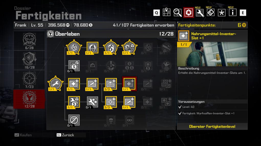 Mit der ganzen Metzelei verdienen wir Prestige-Punkte, die uns wiederum Fertigkeitenpunkte bescheren, die wir in diesen vier Skillbäumen ausgeben.