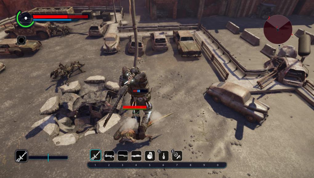In Elex katapultiert ihr euch mit dem Jetpack in die Luft und haut dann von oben mit einer Nahkampfwaffe auf die Gegner ein - oder ihr werft Granaten.