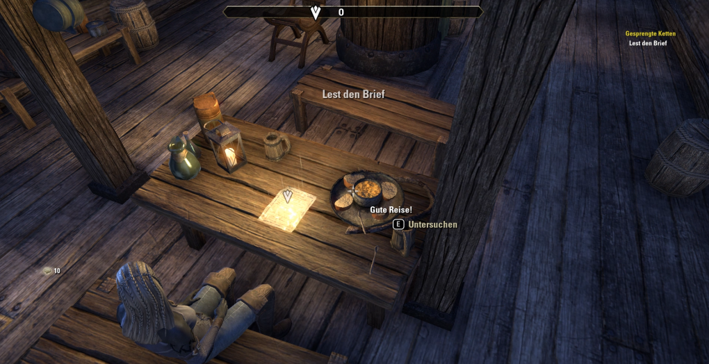 Mit unserem frisch erstellen Charakter in Morrowind starten wir unter Deck eines Reiseschiffs. Vor uns liegt ein Brief eines Freundes, der uns ins Abenteuer einstimmt.