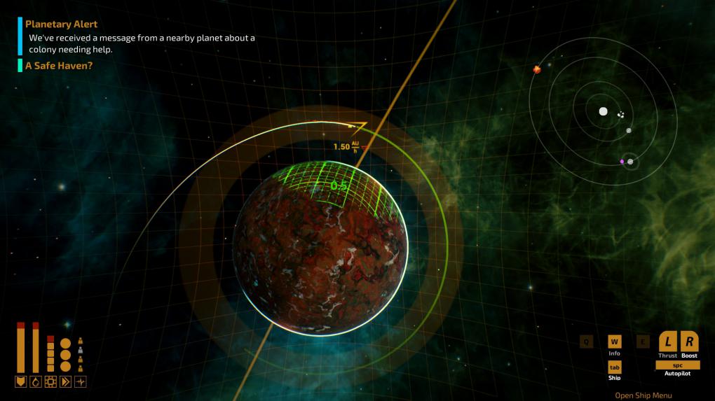 Der Flug in den Orbit fordert Fingerspitzengefühl und Geduld und ist stets eine kleine Herausforderung, da die Anziehungskräfte vorhandener Planeten im System mit simuliert werden und so Einfluss auf das Flugverhalten nehmen.