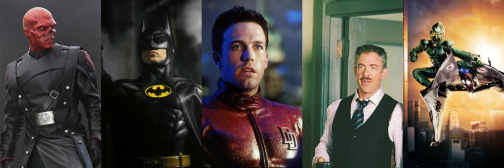 Hugo Weaving als Red Skull in "Captain America: The First Avenger", Michael Keaton als Batman, Ben Affleck als "Daredevil" und J.K. Simmons als J. Jonah Jameson sowie Willem Dafoe als Green Goblin in "Spider-Man" 