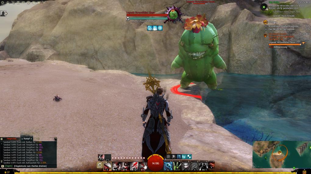 Guild Wars 2: Path of Fire -&nbsp;Der fies grinsende Kaktus ist Teil einer Kopfgeldquest, leider haben wir vergessen, ausreichend Verstärkung mitzubringen ... URKS!