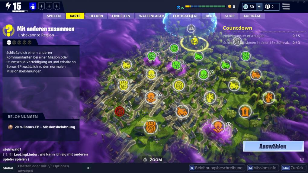 Fortnite im Test -&nbsp;Je stärker eure Heimatbasis, desto mehr Missionen und Regionen dürft ihr angehen. Die meisten Karten spielen sich jedoch sehr ähnlich.